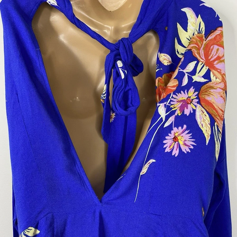 Free People Gemma Blue Floral Choker‎ Neck Cut Out Back Tunic Mini Dress Medium